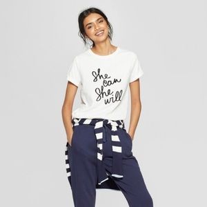 Women’s White Short Sleve She Can Graphic Tee